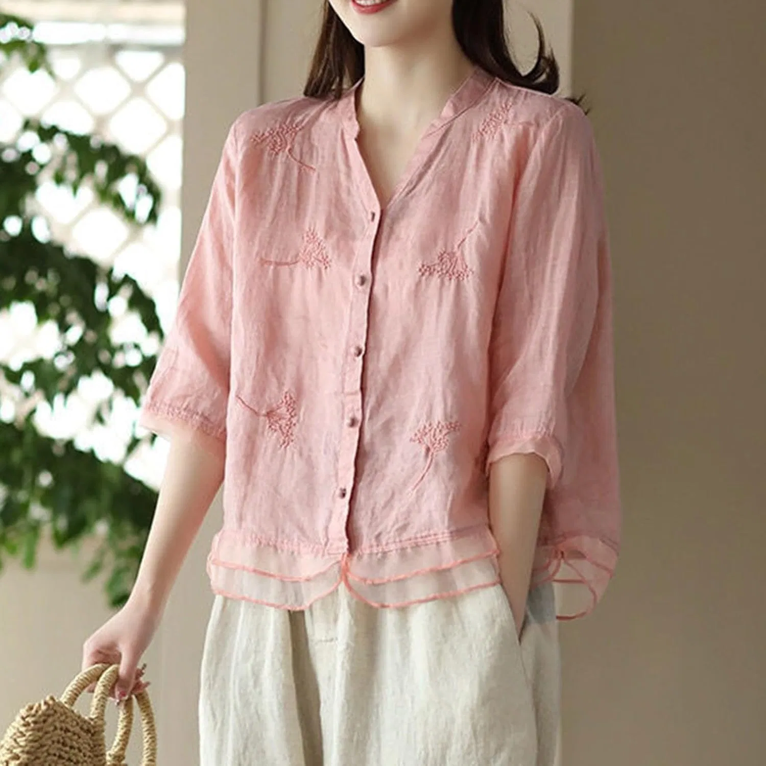 Футболка с цветочным принтом, свободная, Cotton Linen T-Shirt, розовый — фото 3
