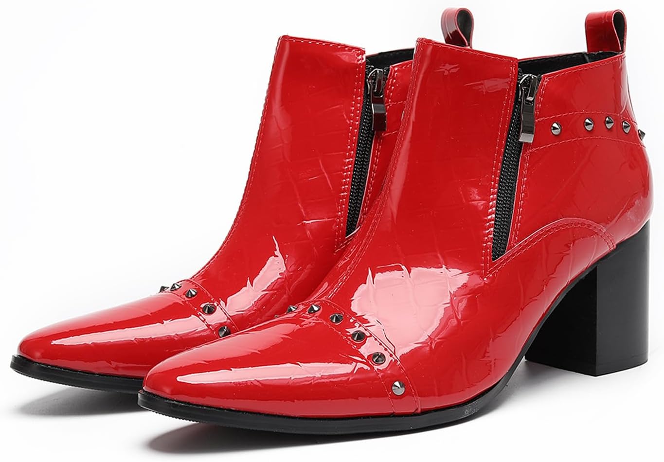 

Мужские ботинки Santimon из лакированной кожи с заклепками- повседневные челси с блоковым каблуком и боковой молнией, ковбойские ботинки для сцены и вечеринки, красный