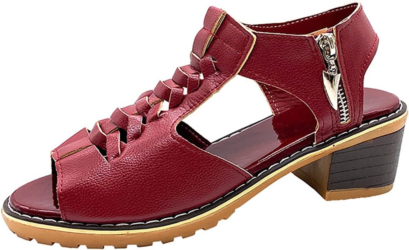 

Ортопедические сандалии для женщин, повседневные сандалии с открытым носком «рыбья пасть», с вырезами, на молнии, с массивным каблуком, с толстой подошвой, на танкетке, удобные шлепанцы на платформе, с легким надеванием Generic, красный