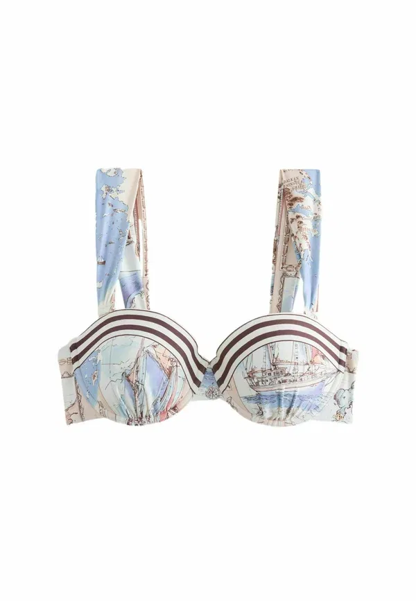 Топ для бикини Next, Regular fit wired balcony bandeau bikini top, кремово-голубой с принтом карты — фото 4