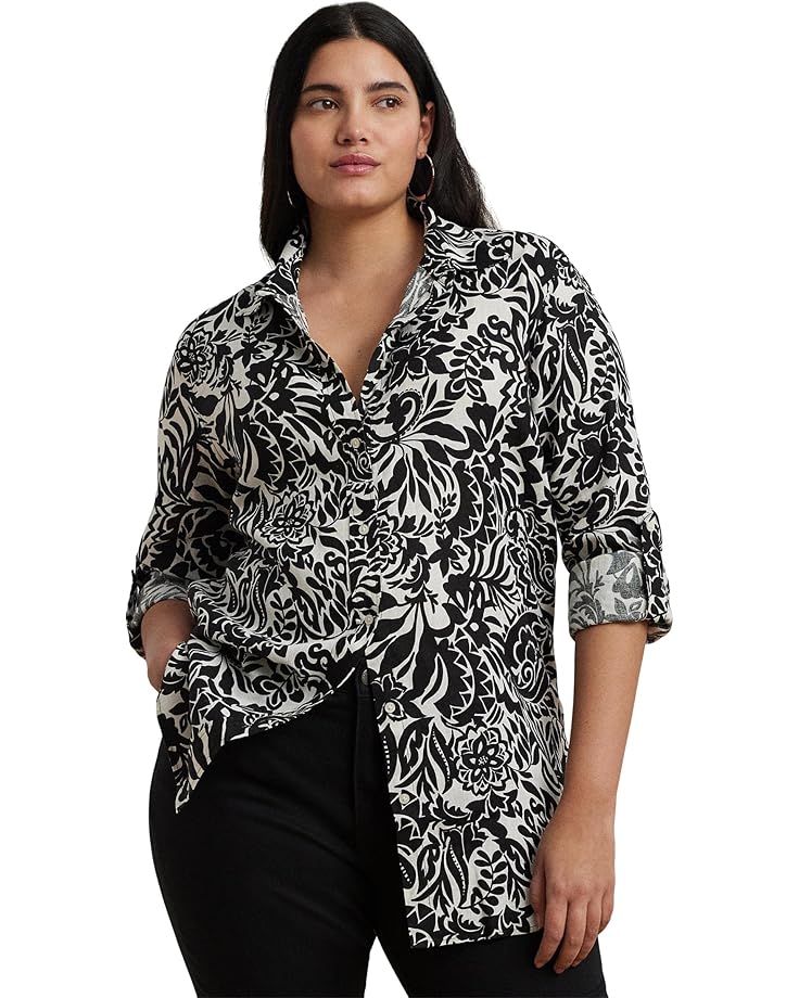 

Рубашка Lauren Ralph Lauren Plus Size Relaxed Fit Floral Linen Shirt, цвет Cream/Black