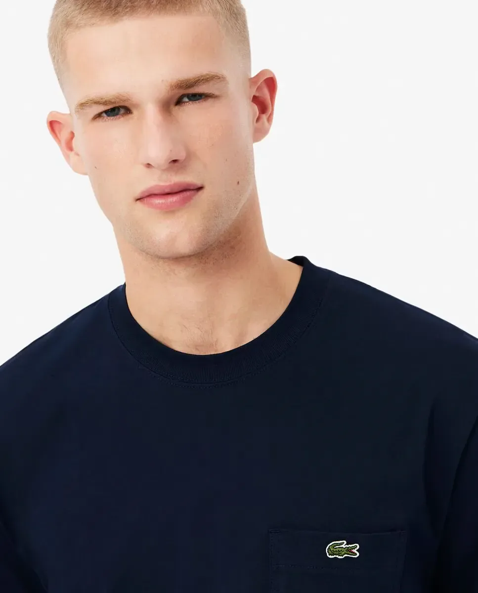 Мужская хлопковая футболка с коротким рукавом и карманом на груди Lacoste, темно-синий — фото 3