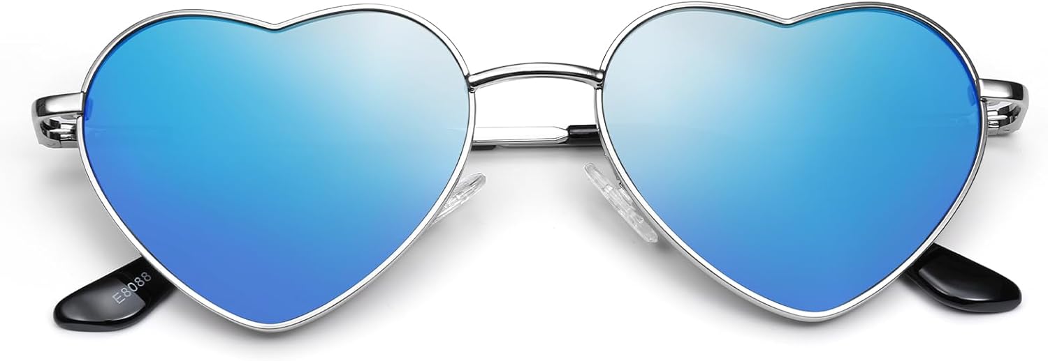 

Поляризованные солнцезащитные очки Eiuizah в форме сердца для женщин и мужчин - милые, модные солнцезащитные очки с металлической оправой и линзами с защитой UV400, Silver Frame/Blue Lenses