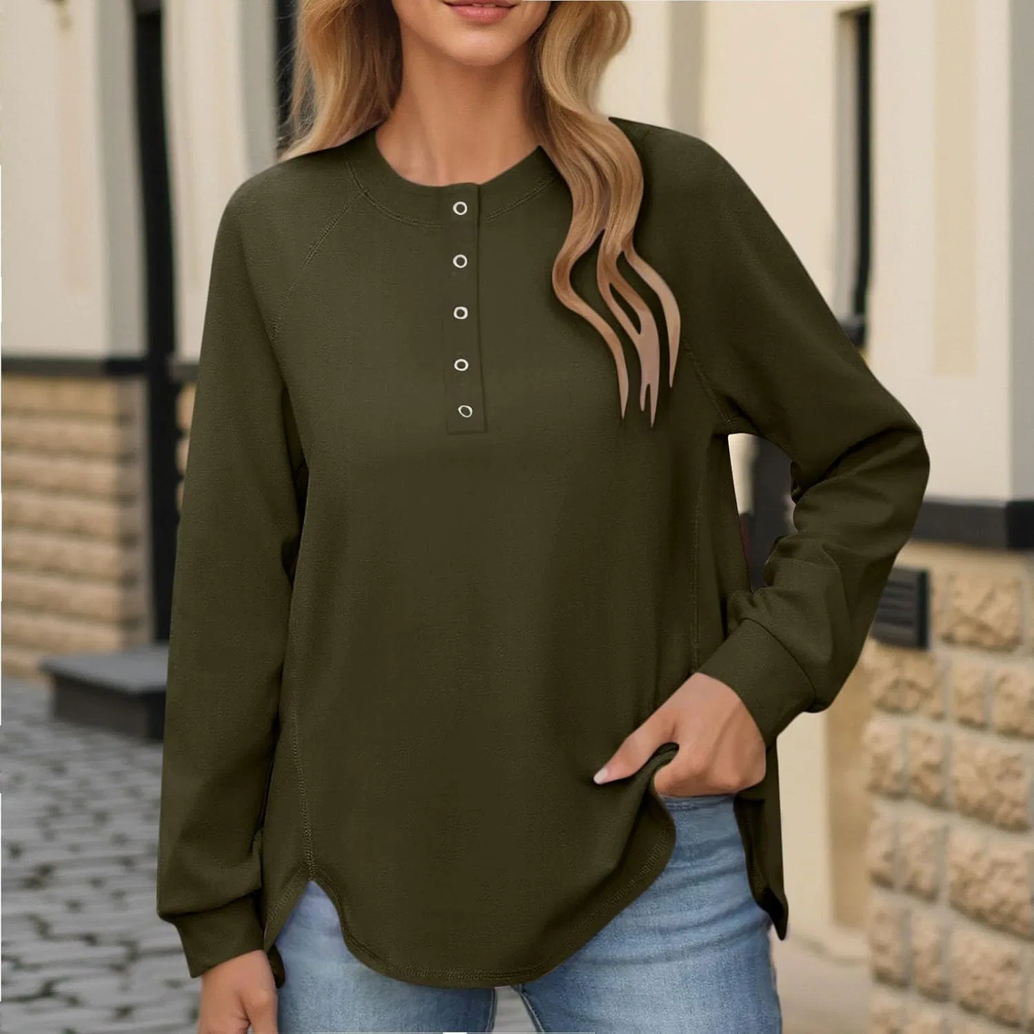 Женский свитшот на пуговицах, оверсайз, с капюшоном, Army Green — фото 3
