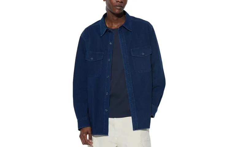 UNIQLO Рубашка унисекс 67 sea blue с заостренным воротником в стиле умеренного рабочего стиля