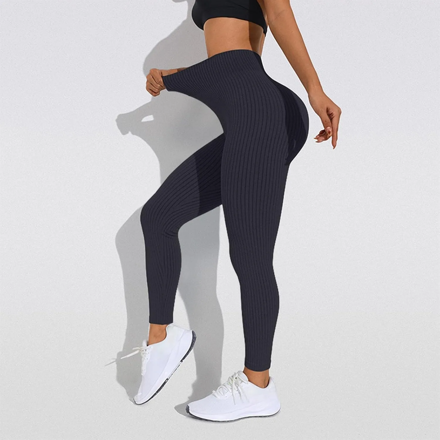 Рибленые леггинсы Women Butt Lifting Tummy Control с эффектом складки на ягодицах, утягивающие, высокие, рибленые Generic, темно-серый — фото 2