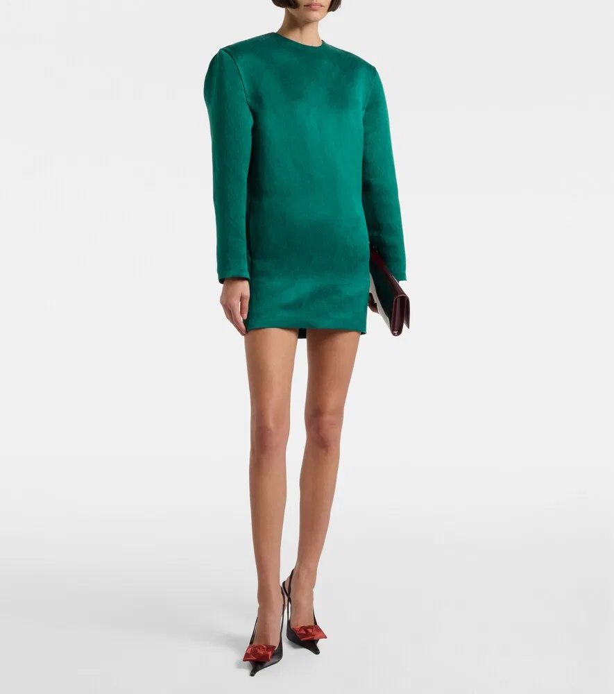 Мини-платье из шелкового атласа Saint Laurent, зеленый — фото 2