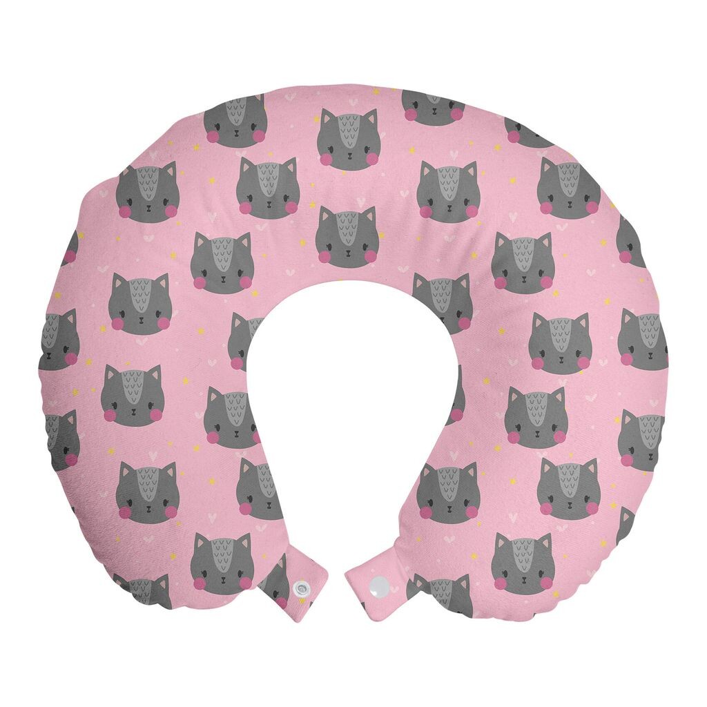 

ABAKUHAUS Cat Travel Pillow Подушка для шеи, оттенки серого, портрет питомца, пенопластовый предмет для путешествий в самолете и автомобиле, 30x30 см, светло-розовый, серый, розовый