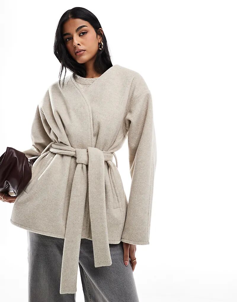 

Формальное пальто без воротника с поясом в овсяном цвете ASOS DESIGN