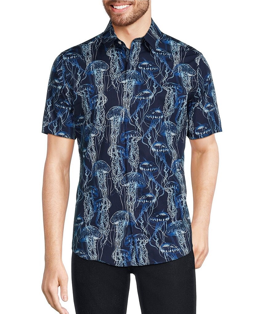 

Тканая рубашка приталенного кроя с принтом медуз и короткими рукавами Murano Big & Tall Modern Maritime Collection, синий