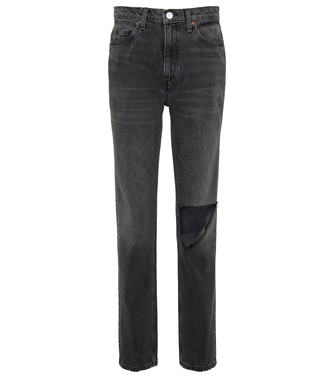 

Узкие джинсы со средней посадкой и потертостями в стиле 70-х Re/Done, Worn Black With Rip