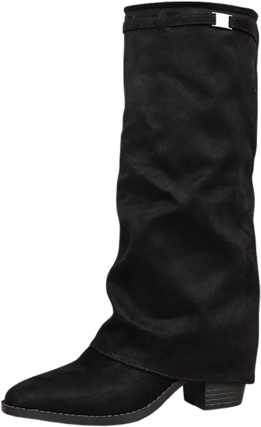 SKFLABOOF Выше колена Stiefel Damen - Stiefeletten Schuhe Western Cowboy Boots Mit Absatz Зимние ботинки на высоком каблуке Herbstschuhe Elegant Langschaftstiefel mit Schnalle Черный, Белый, Коричневый, 37,38,39,40,41,42