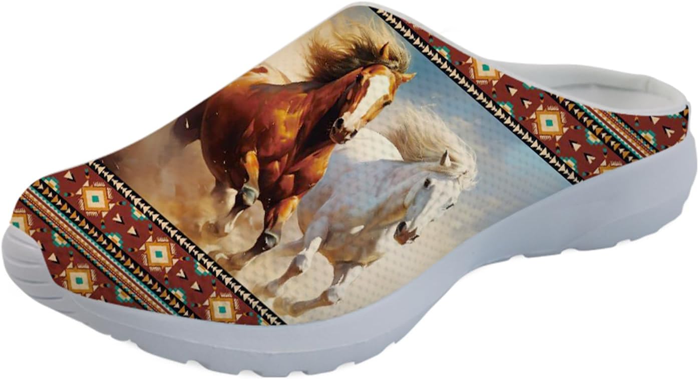 

Forchrinse Южно-западные сандалии с арочной поддержкой для мужчин и женщин Navajo Aztec, тапочки-мюли для сада, прогулочные кроссовки для носки в помещении и на улице, Native American Running Horse