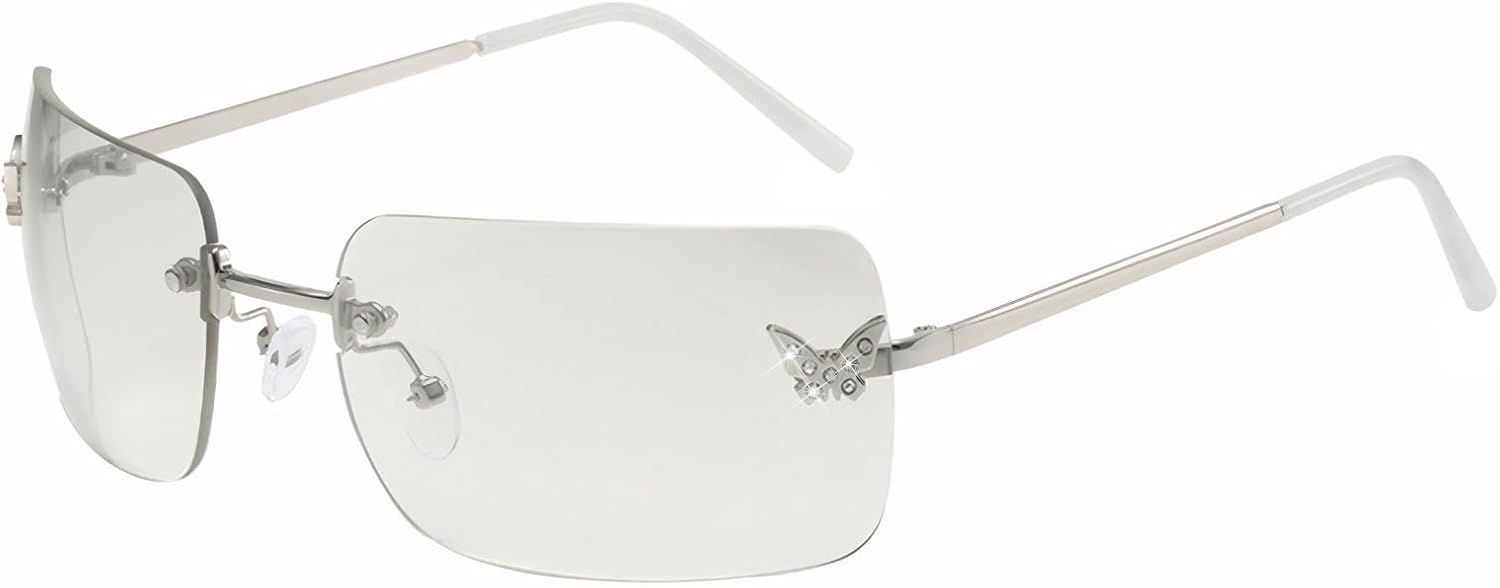 

Прямоугольные солнцезащитные очки Y2k для женщин, милые, без оправы, с прозрачными тонированными линзами, в стиле 2000-х, модные очки-бабочки Ehoomely, Gradient Transparent Grey