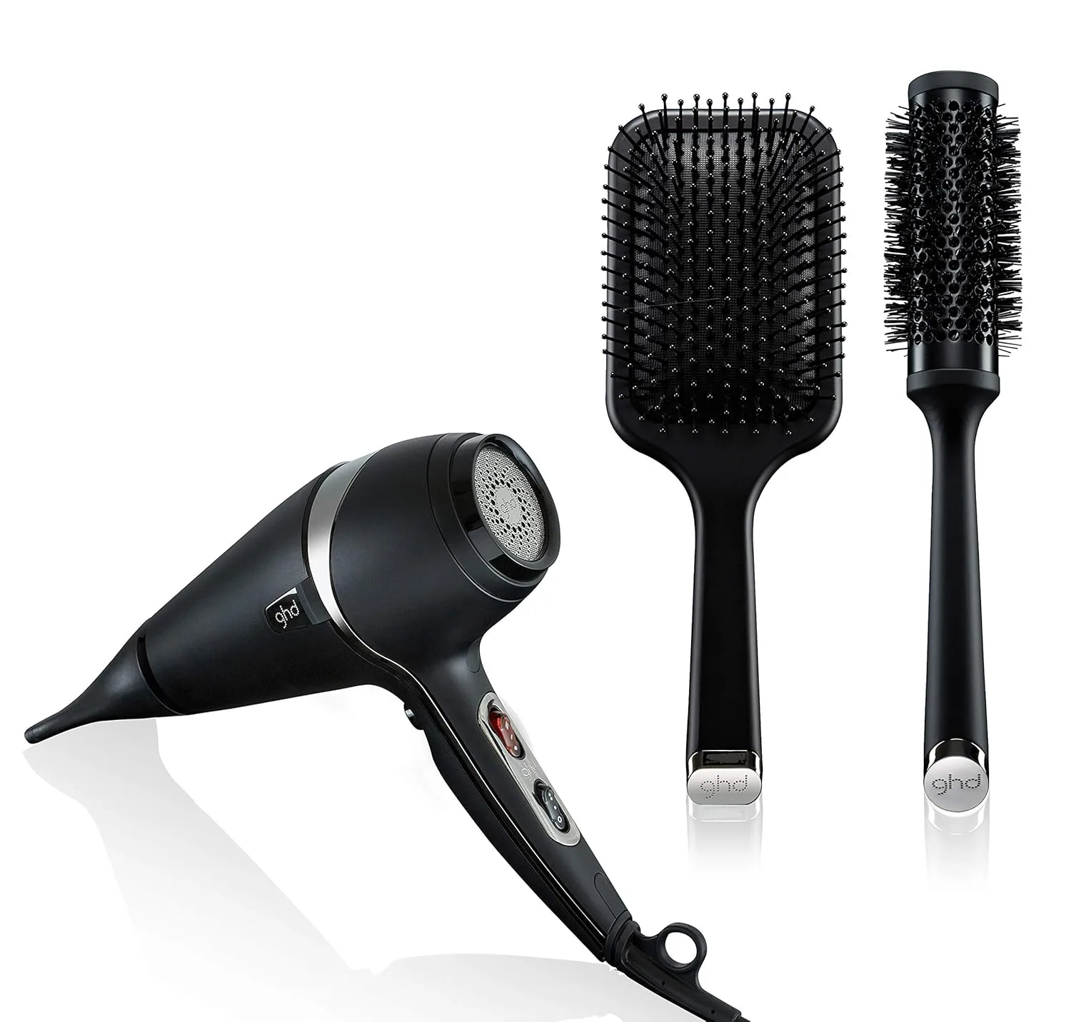 ghd Air Professional Blowout Trio - фен 1600w (Black), универсальная плоская щетка для волос (Black) и круглая керамическая щетка для сушки феном - 1.3 дюйма, 35 мм, размер 2 (Black), Black Blowout Trio