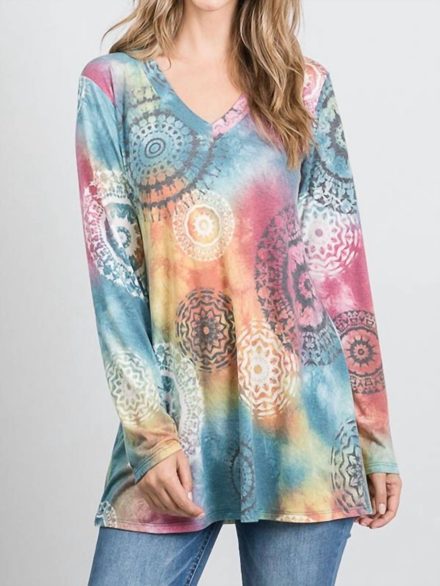 

Футболка с V-образным вырезом и длинными рукавами в технике тай-дай и круговыми узорами, мультиколор HEIMISH USA