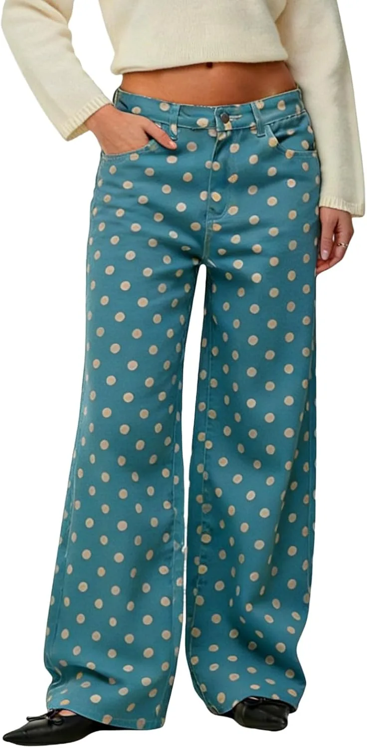 

Джинсы для женщин Y2K с принтом в горошек, высокие, широкие Qmlyev