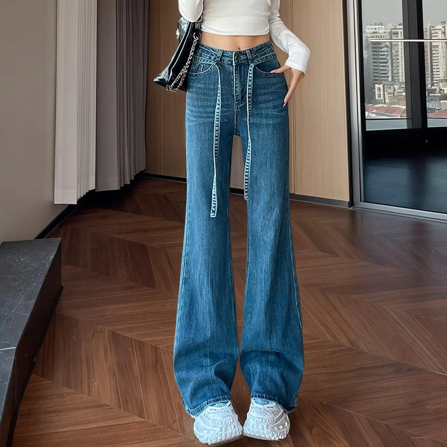 Женские джинсы high waisted wide leg с карманами — фото 2