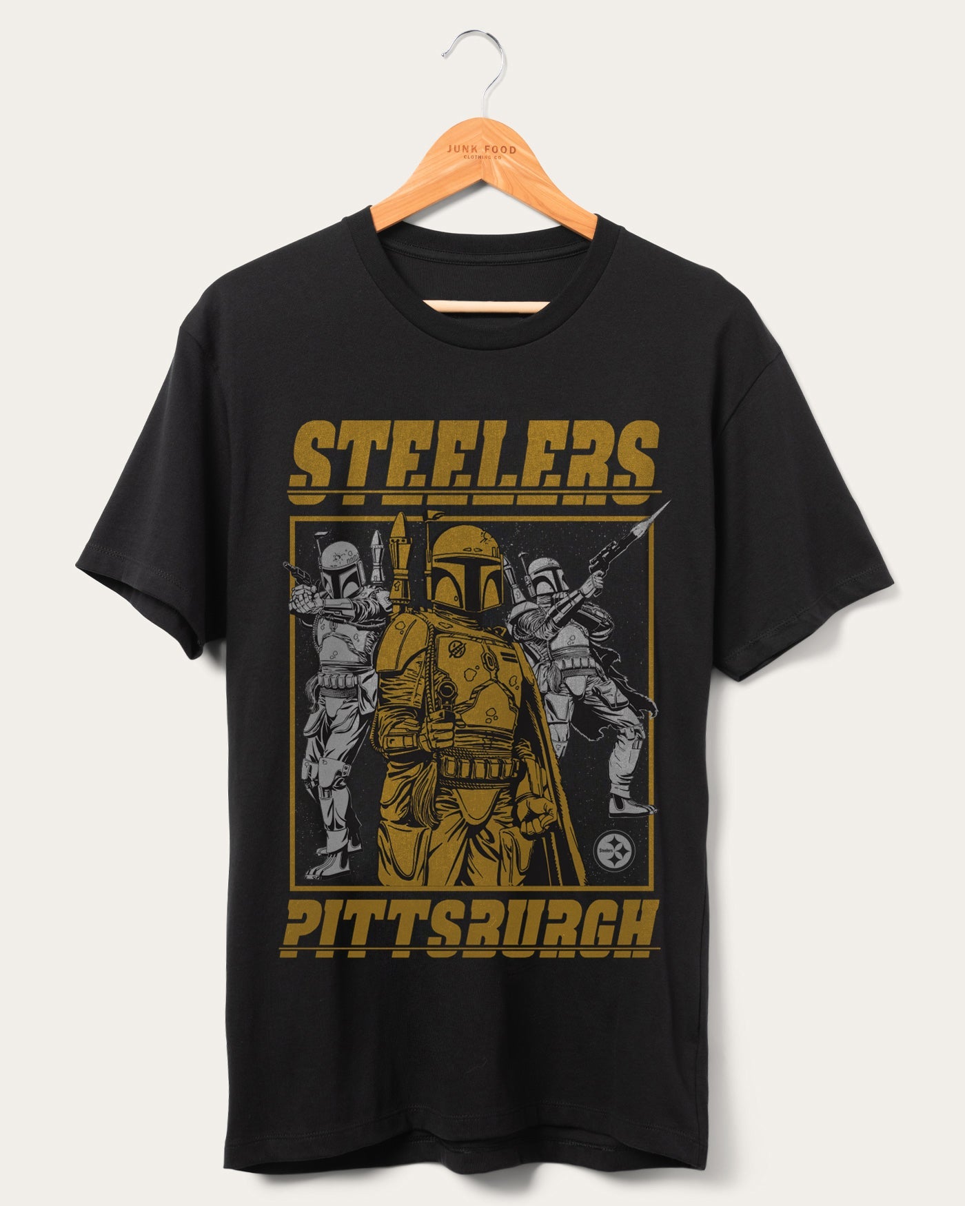 

Футболка фаната Steelers Star Wars Boba Fett Showdown Junk Food Clothing, черный