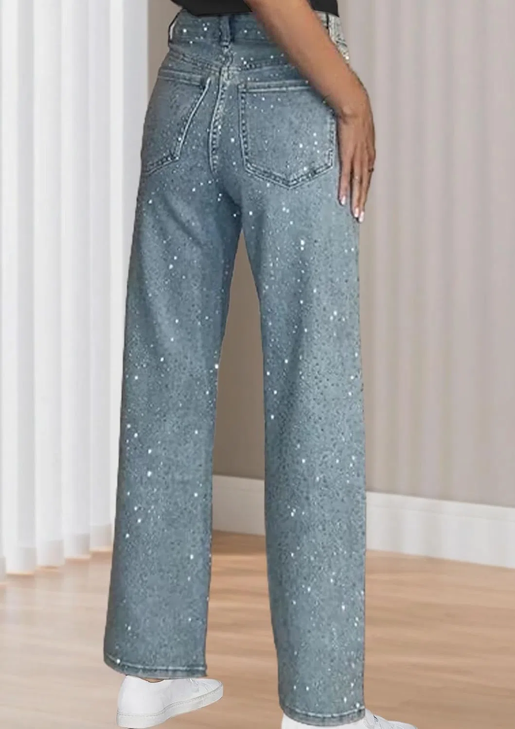 Джинсы блестящие, Womens Rhinestone Jeans Baggy Y2K High Waisted Straight Wide Leg Sparkly Bling Glitter Jeans Casual Denim Pants, Blue — фото 3