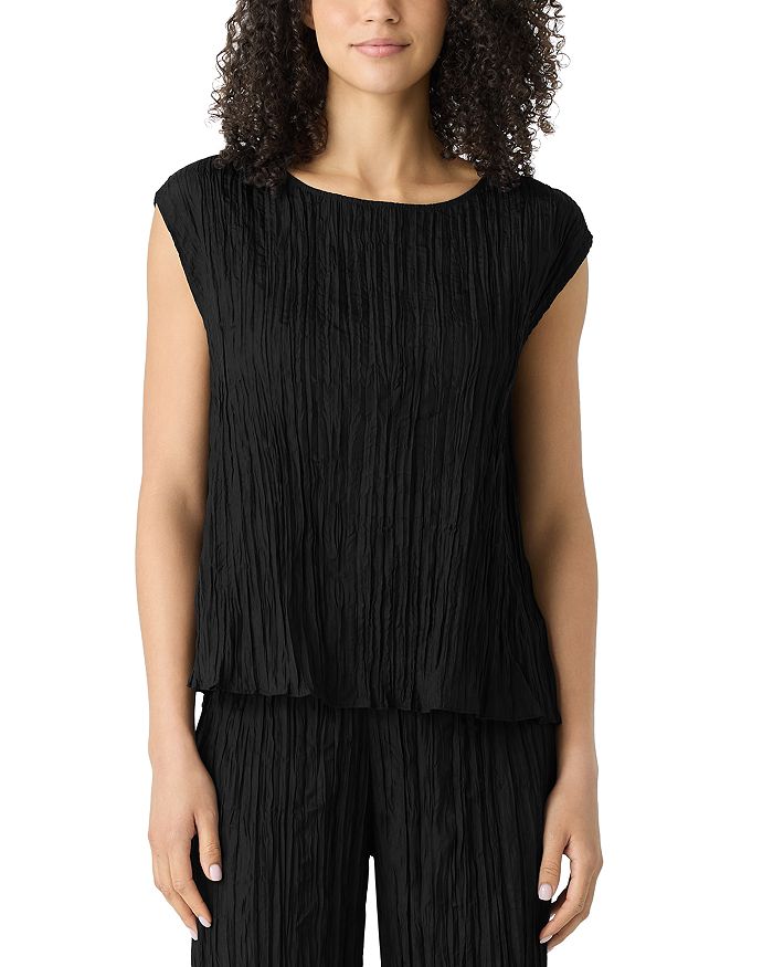

Топ с воротником-баской из жатого шелка Eileen Fisher, черный
