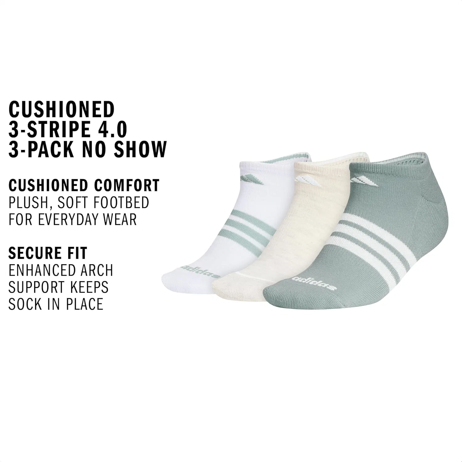 Женские амортизирующие носки Adidas, невидимки (3 пары). Прочные и удобные, Wonder Sage Green/Wonder White/White/Striped — фото 3