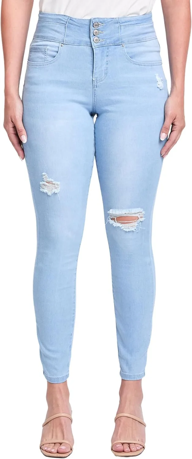 

Royalty for Me Women's High Rise 3 Button Stacked Waistband Skinny Sustainable Jean