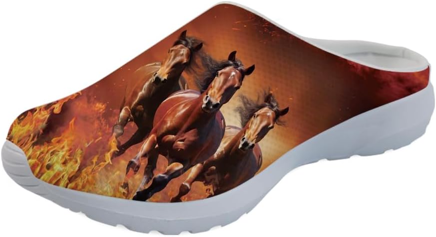 

Кроссовки Forchrinse Christmas с Санта-Клаусом и снежинкой для женщин, мюли, сетчатые слипоны, мужские садовые сабо, рождественская обувь для прогулок, для дома, работы и спортзала, Running Horse Flame