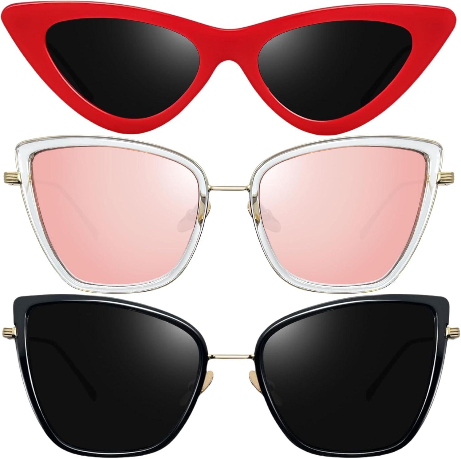 

Комплект из 2 солнцезащитных очков Joopin Narrow Pointy Cateye и Cat Eye, модные очки для женщин в стиле ретро с поляризованной защитой от УФ-излучения, Gradient Black, Mirrored Pink, Red