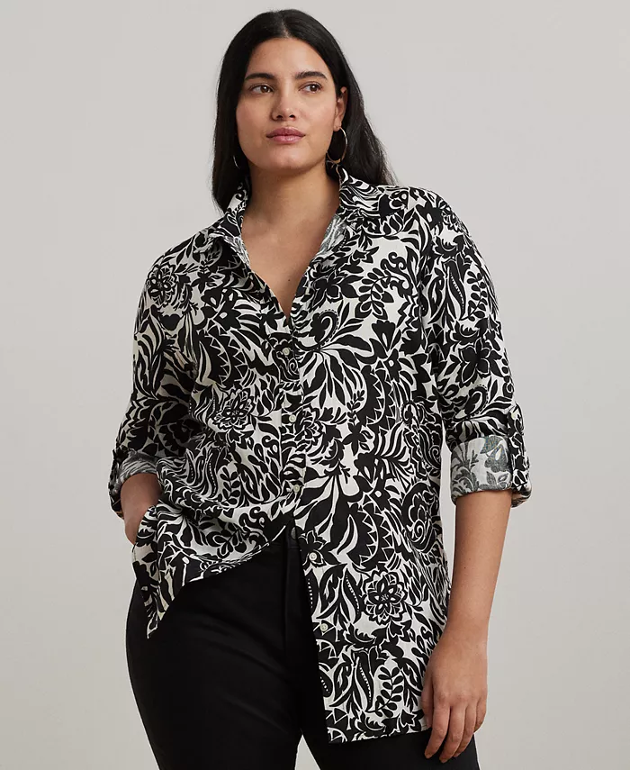 

Женская рубашка Plus Size с подкатанными рукавами из 100% льна Lauren Ralph Lauren, белый