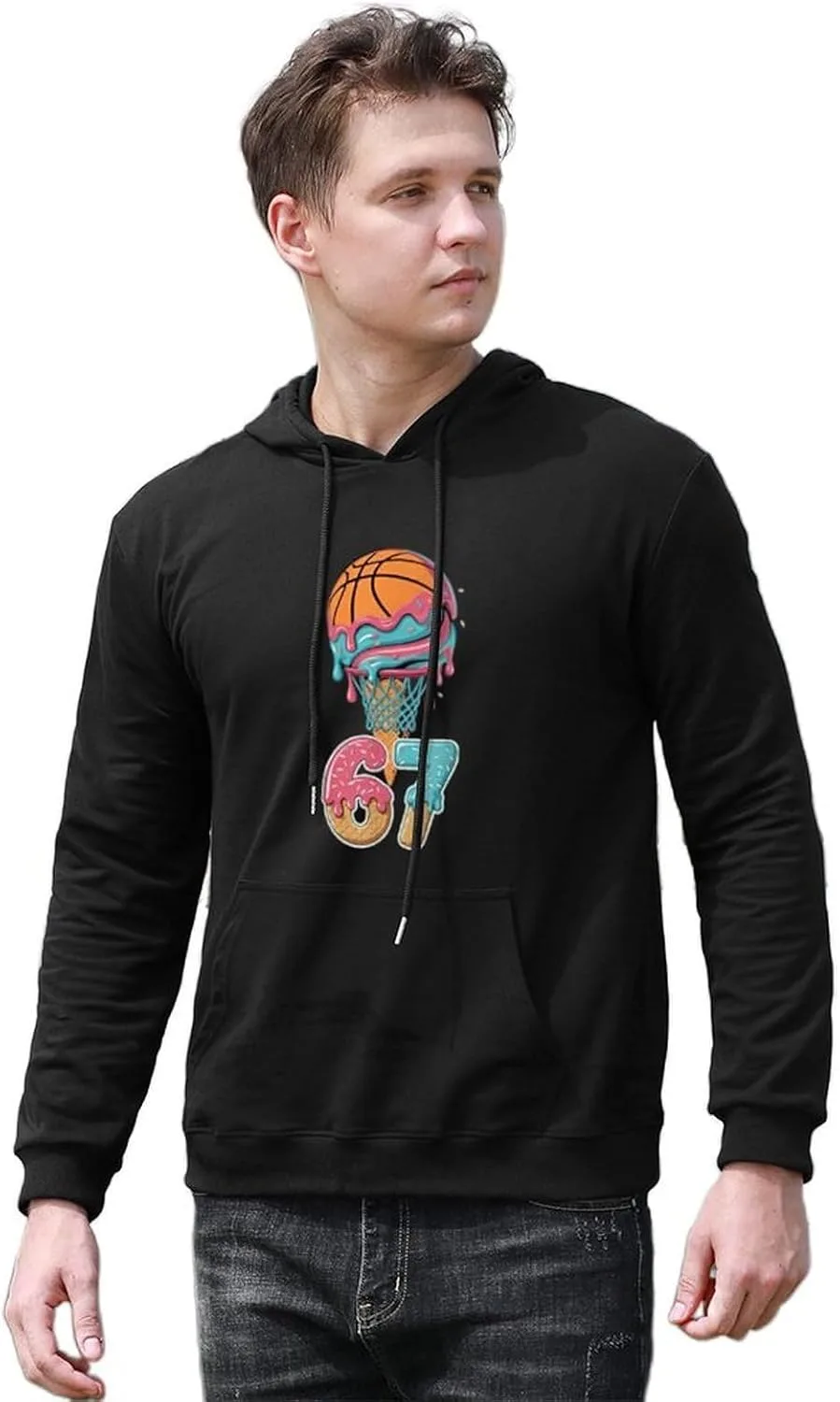Толстовка с капюшоном Men Fun Basketball Drip Number 67, мягкая винтажная с карманом — фото 4