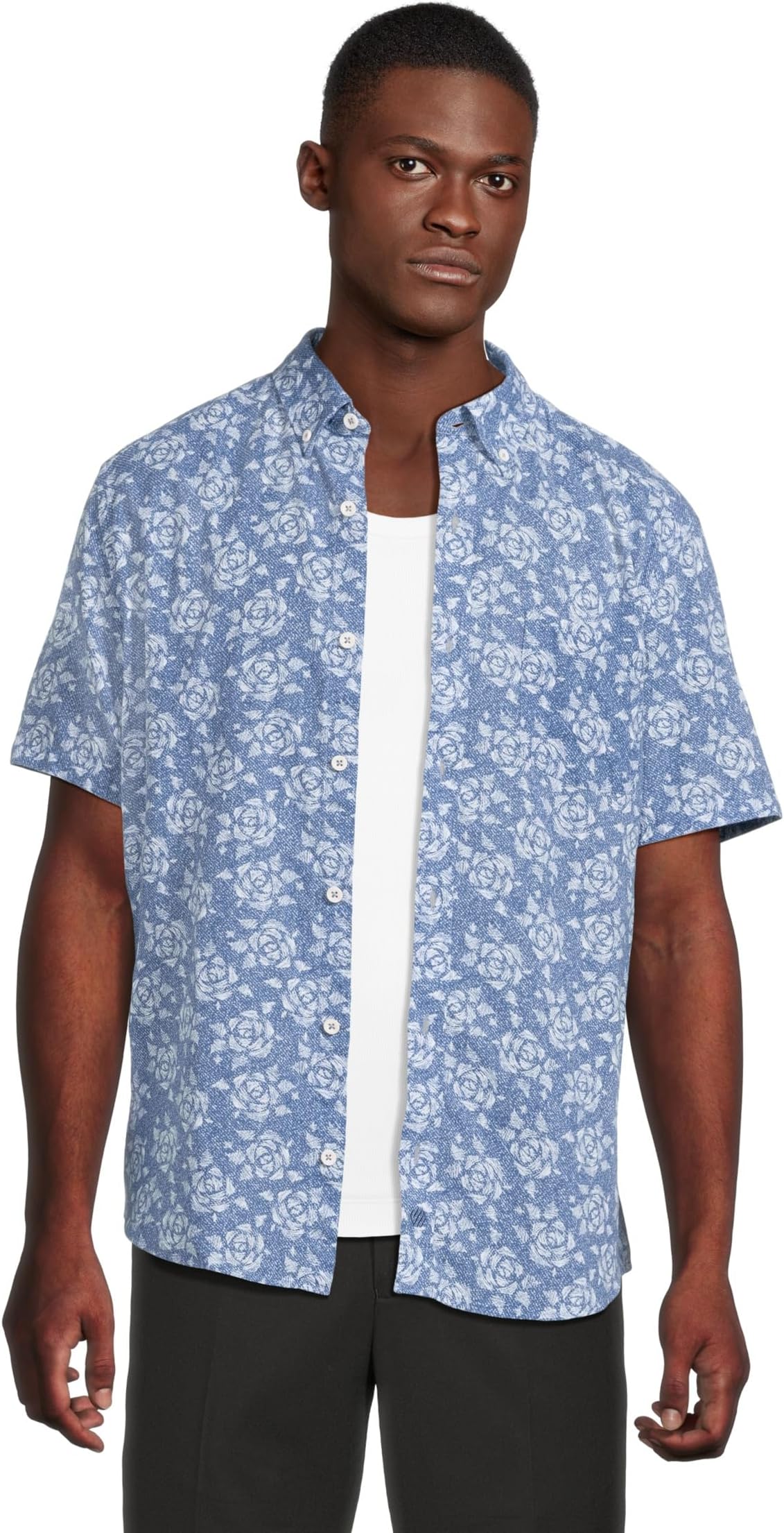 

Рубашка Johnston & Murphy Short Sleeve Rose Print Linen Shirt, темно-синий