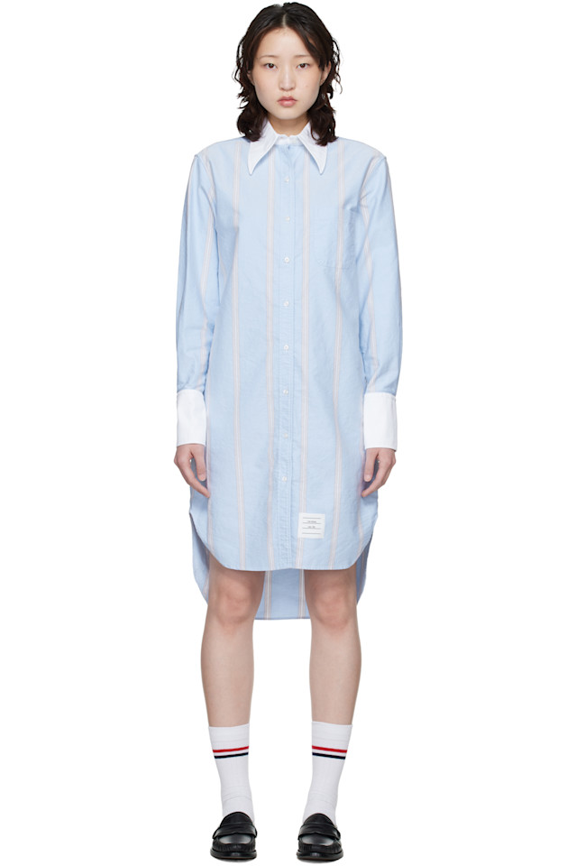 

Thom Browne Синее мини-платье с преувеличенно большим, свободным кроем и острым воротником