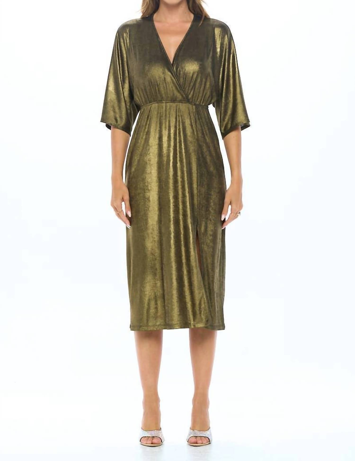 

Kimono V Neck Dress With Slit In Black/gold Reneec.