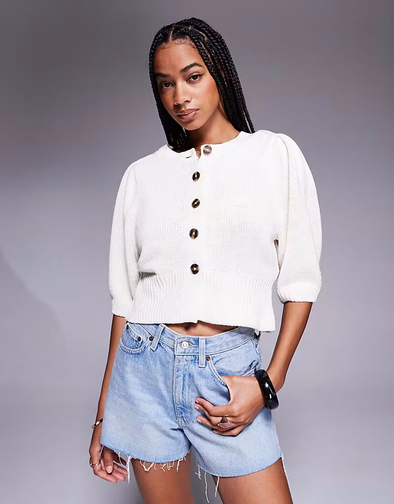 

Кардиган ASOS DESIGN с круглым вырезом и рукавами-фонариками кремового цвета