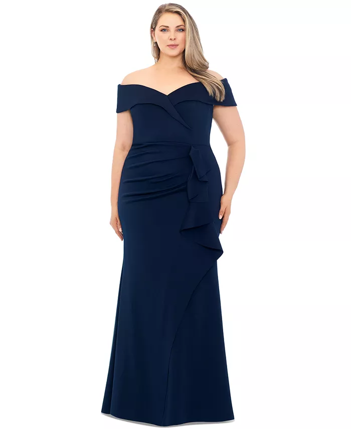 

Платье с открытыми плечами из крепа и неопрена больших размеров XSCAPE, синий