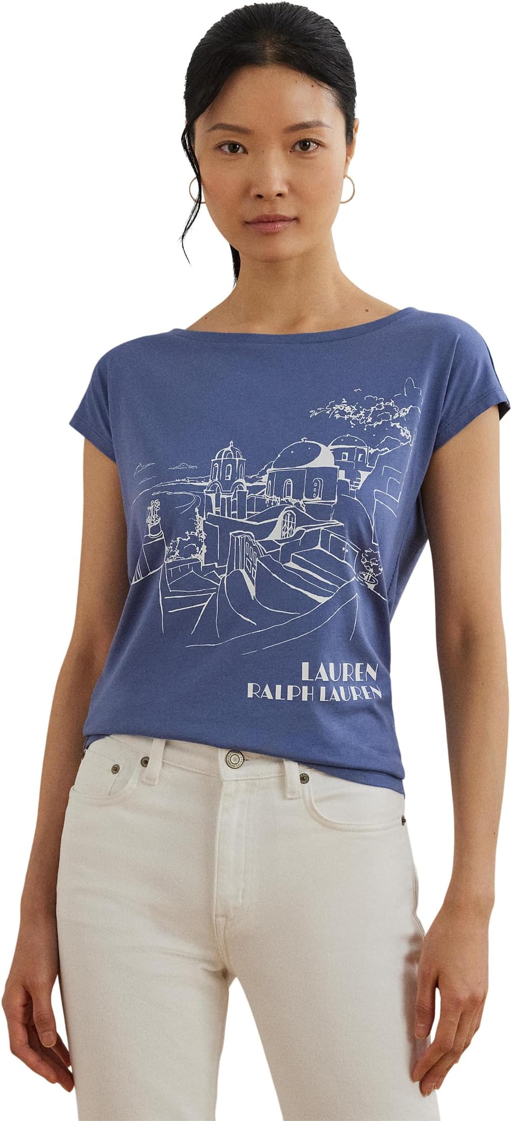 

Футболка Lauren Ralph Lauren Petite Cotton-Blend Jersey Graphic Tee, цвет Capri Blue