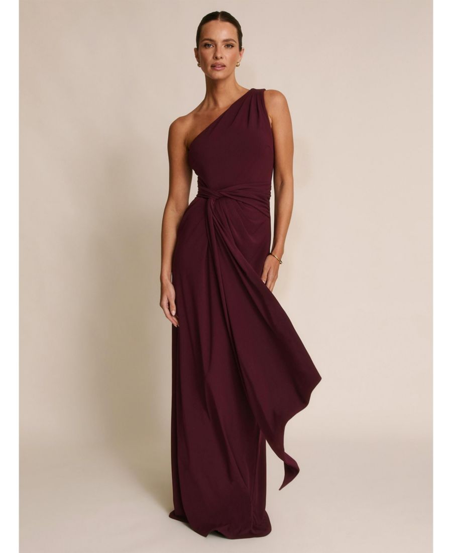 

Женское платье подружки невесты с одним открытым плечом и драпировкой из эластичной ткани Six Stories, Merlot