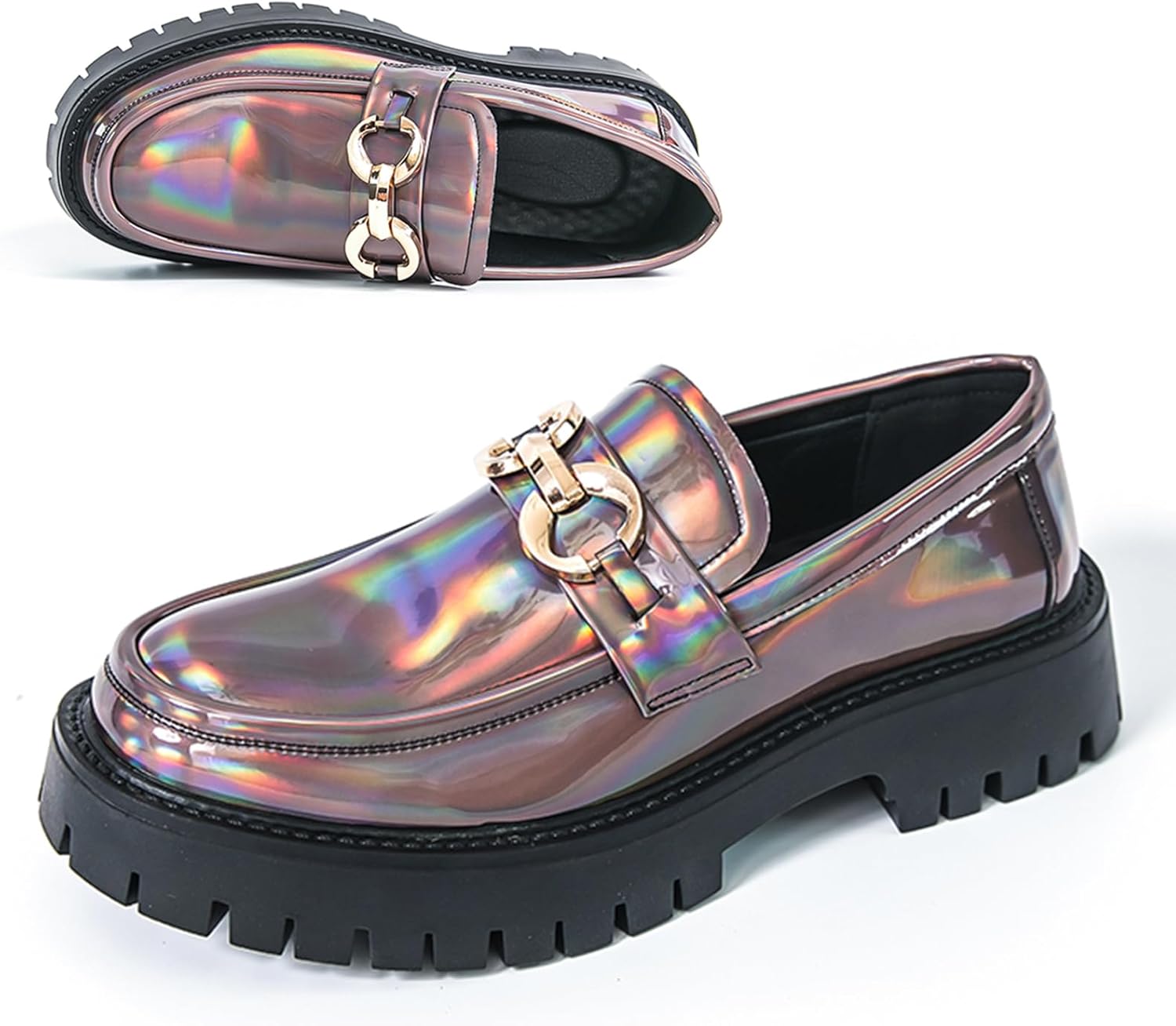 

Мужские лоферы на толстой подошве из лакированной кожи с металлическим декором, слипоны с ребристой подошвой, деловые туфли, повседневные нескользящие амортизирующие обувь Qooel, золотой