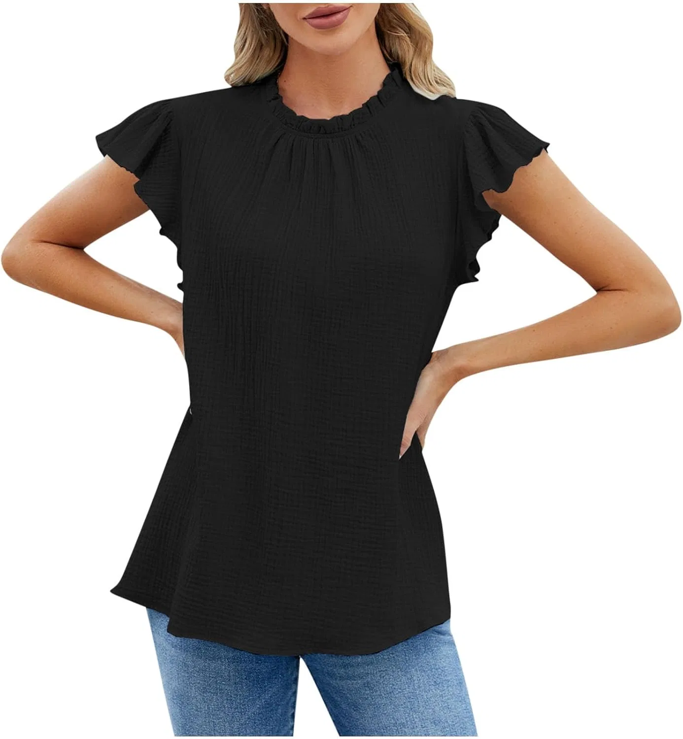 Блуза с коротким рукавом, стойкой, женская, повседневная, Black