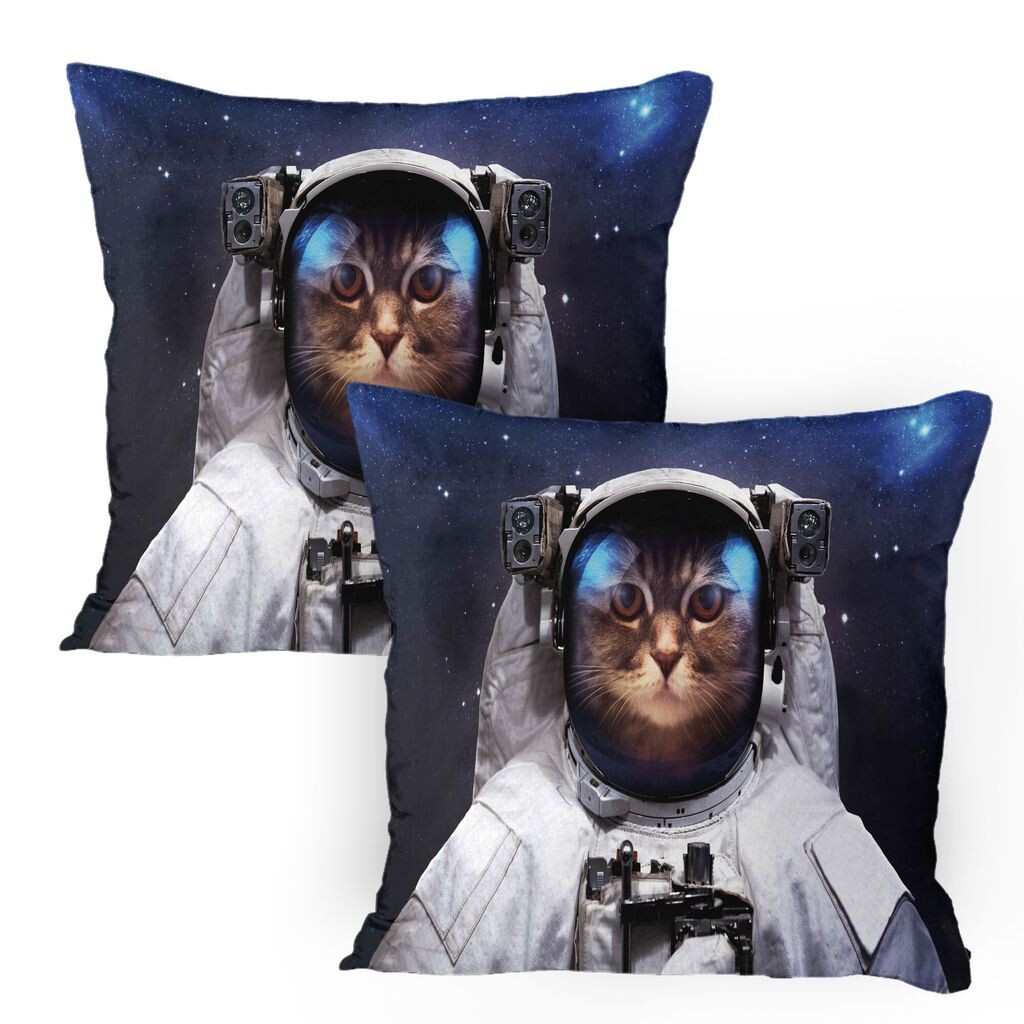 

Чехлы для подушек ABAKUHAUS Space Cat, набор из 2 шт., Кот-путешественник в космосе Milkyway Galaxy в костюме со звездным фоновым изображением, чехол для подушки с декоративным принтом, 80x80 см, темно-синий, белый