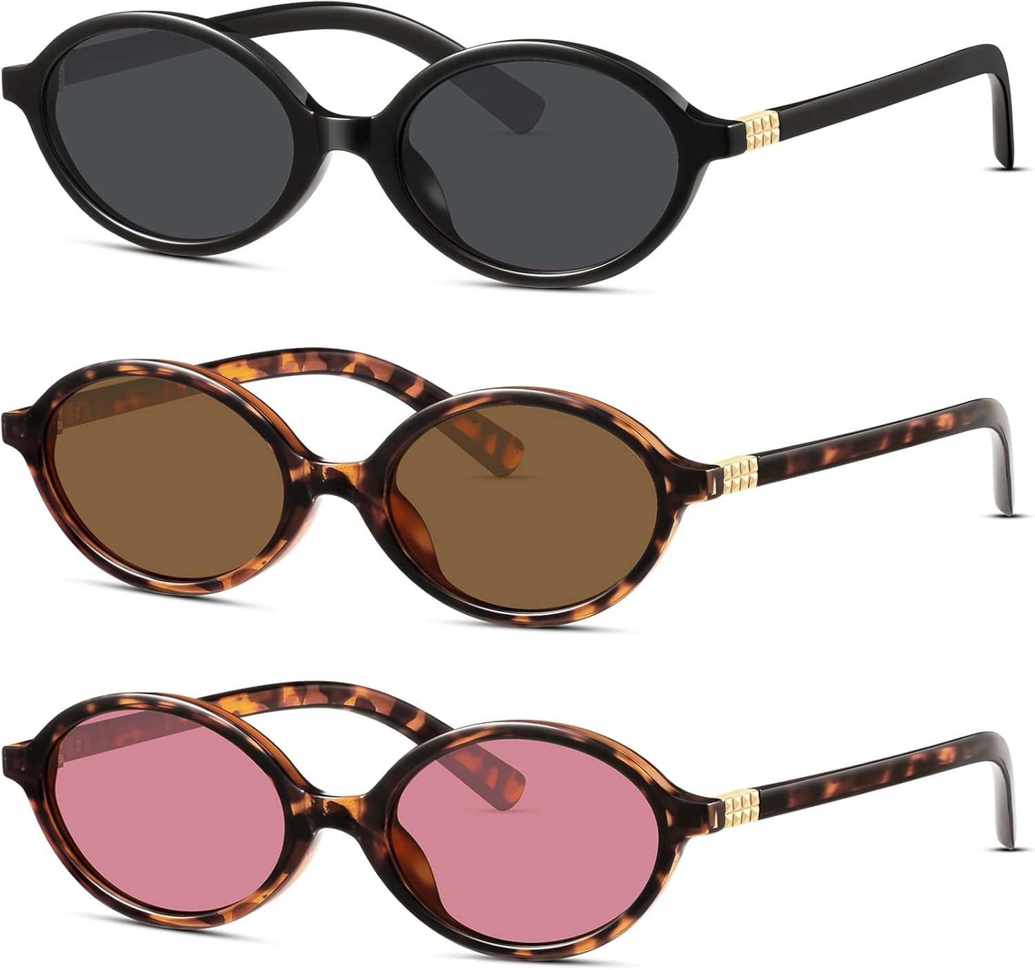 

Солнцезащитные очки KUGUAOK в стиле ретро, ​​овальные, для женщин, модные, в маленькой оправе, в стиле 90-х, с защитой от УФ-излучения, модные очки Y2k, 3pcs-black+leopard+pink