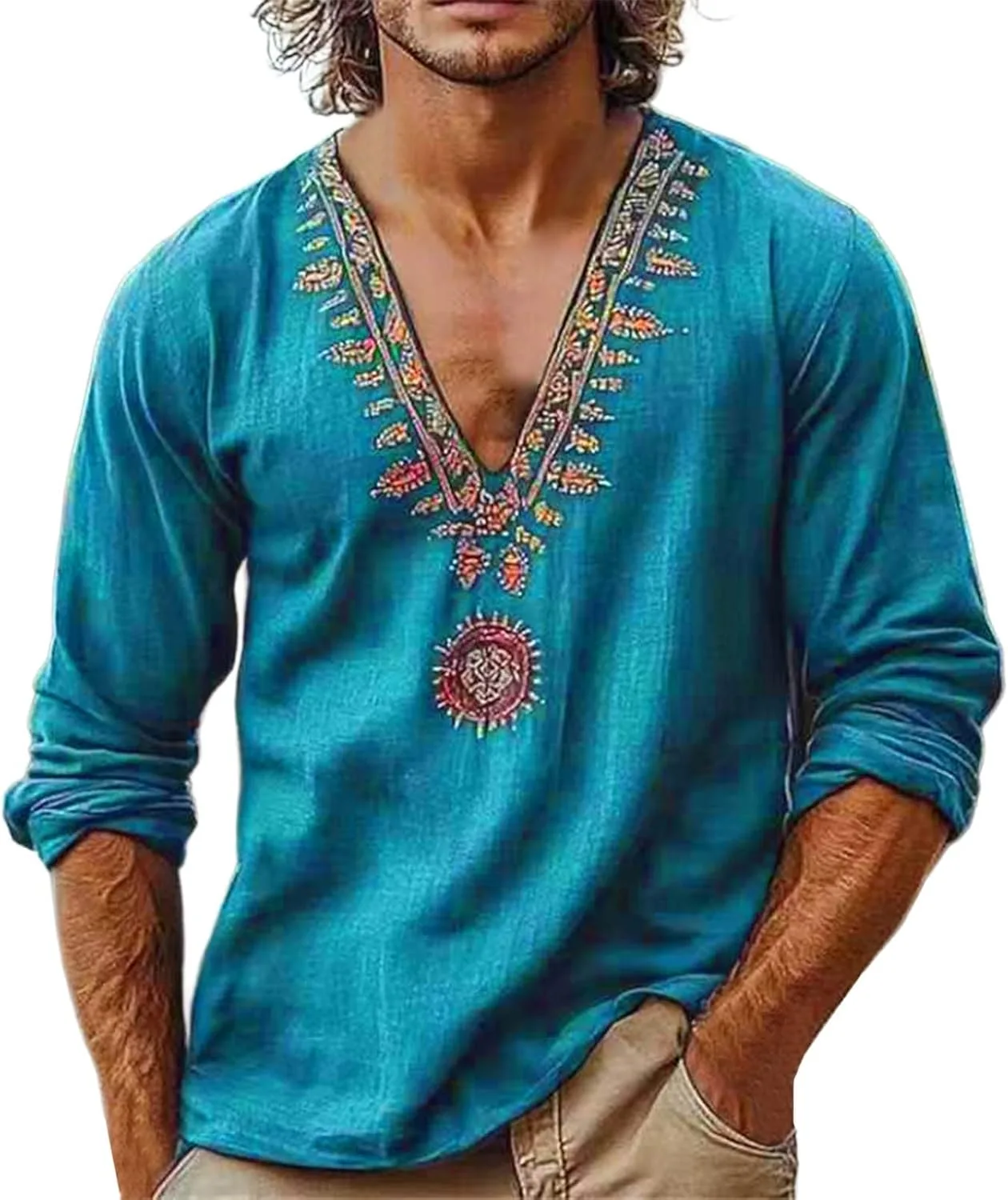 

Xiaojmake мужская рубашка henley с длинным рукавом, африканский принт, вышивка, хлопок-лен, пляжная