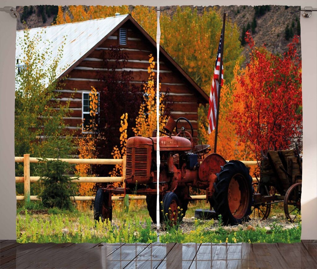 

ABAKUHAUS Fallen Rustic Curtain, Деревенская хижина с трактором, Ленточная штора с рюшами для спальни, петлями и крючками, 280 x 225 см, разноцветная