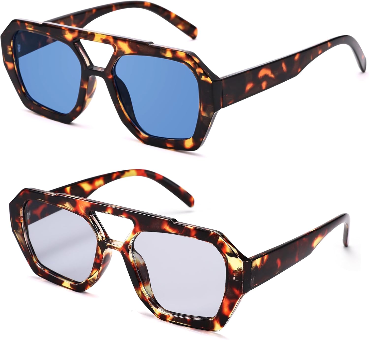 

Солнцезащитные очки Hycredi Retro Aviator для женщин и мужчин, модные очки с шестиугольной толстой оправой и квадратной двойной перемычкой, C2* Leopard/Blue + Leopard/Light Gray