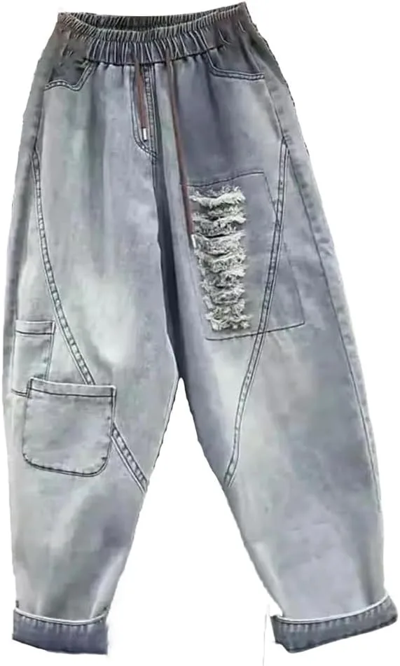 

Женские джинсы-шаровары с эластичной талией, джинсовые, синие, дырявые, ретро