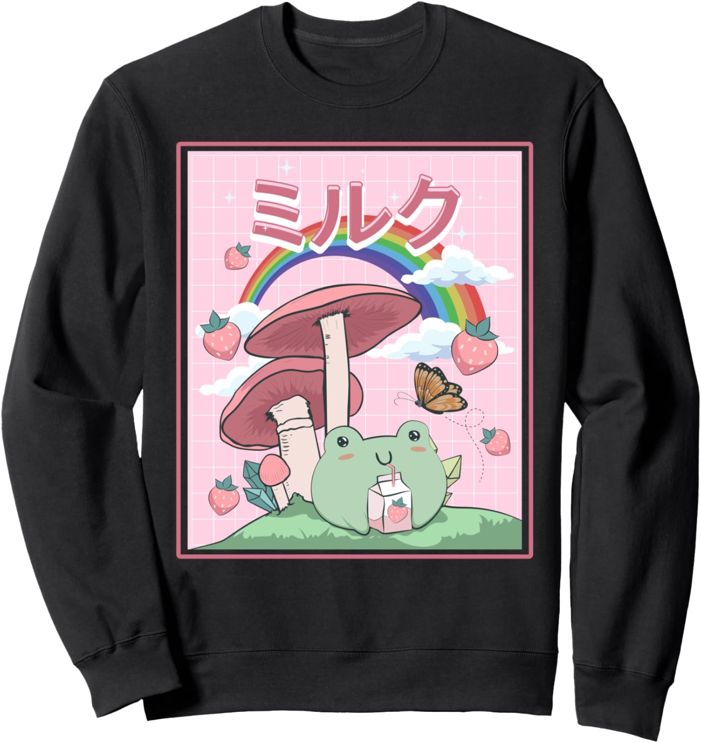 

Стиль коттеджкор, кавайная толстовка с надписью Pholeg и надписью Japanese Milk Drinking Kawaii Cottagecore Aesthetic Frog Clothing, черный