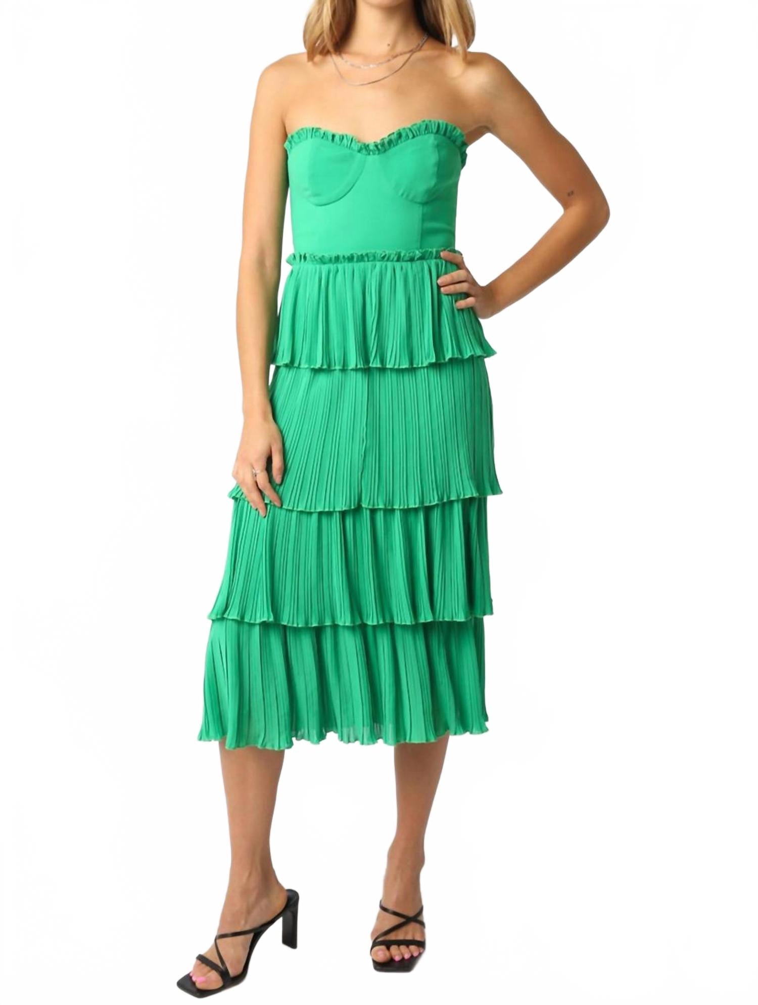 

Лайла Бесплечевое платье миди с рюшами в зеленом OLIVACEOUS