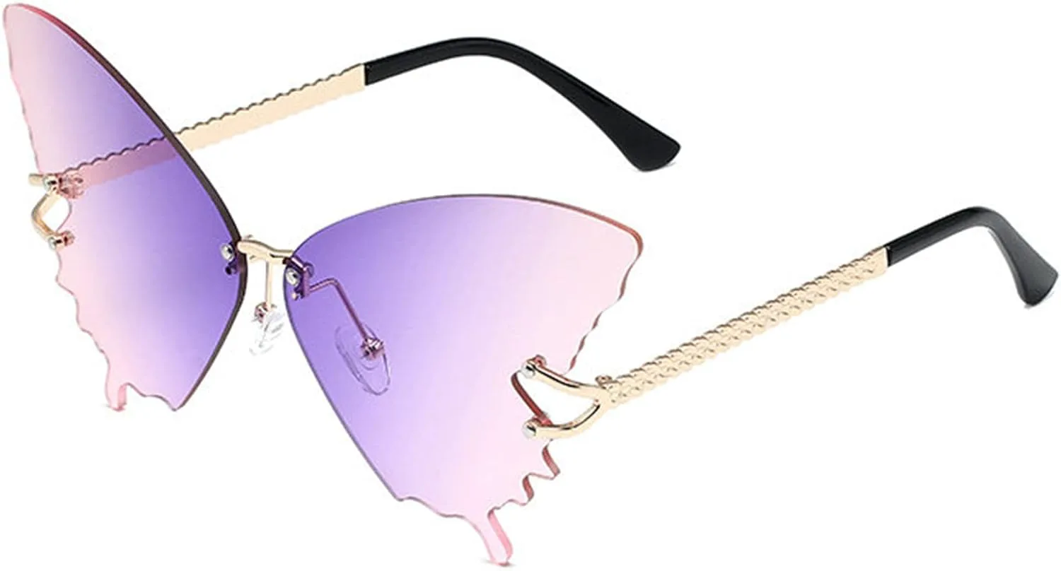 

Солнцезащитные очки Willochra Butterfly для женщин, большие безободковые очки, модные солнцезащитные очки «кошачий глаз», стиль уличной моды, 2pcs-purple&yellow