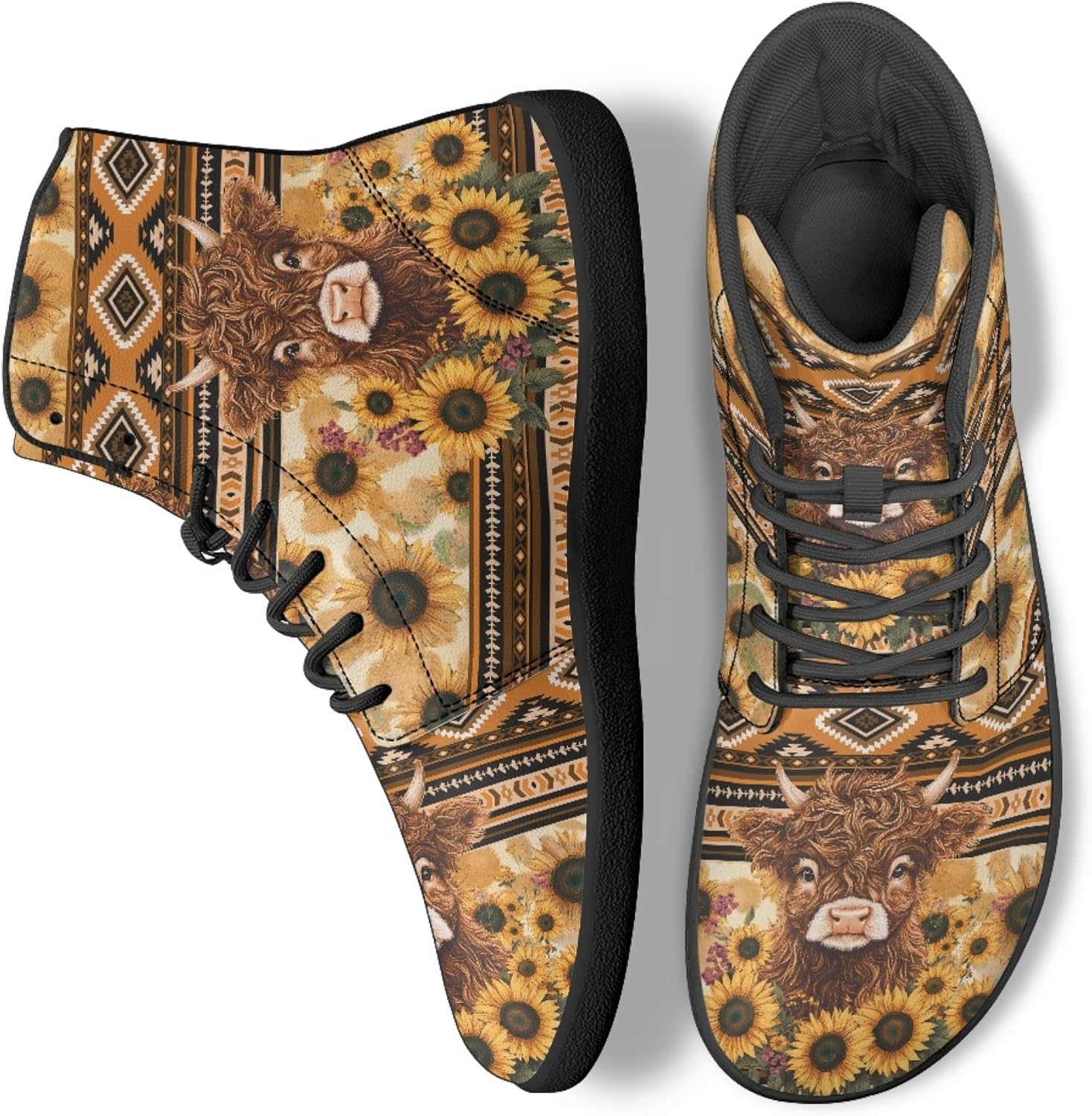 

Персонализированные кроссовки с принтом для мужчин и женщин, из искусственной кожи, высокие, босоножки Arleeorkee, Highland Cattle Sunflower